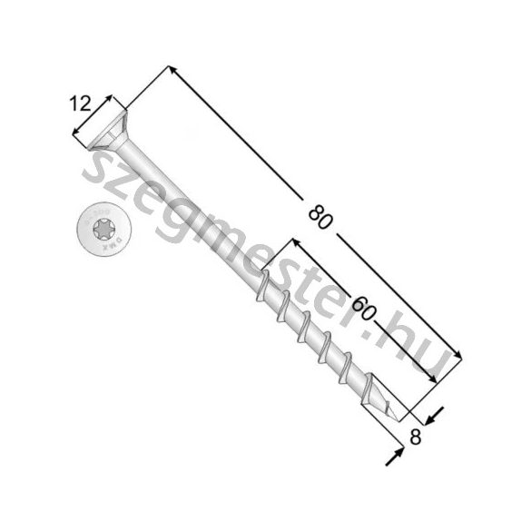 Gázbetoncsavar süllyesztett fejű 8,0mm x 80mm