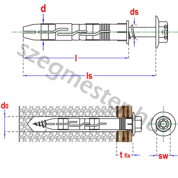 Keretrögzítő dübel hatlap/TX fejű peremes csavarral 10x300mm
